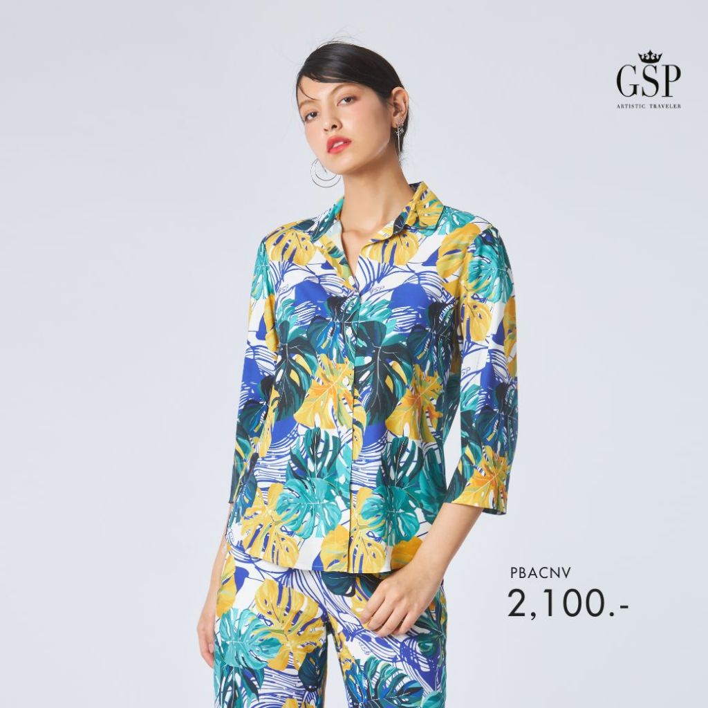 GSP เสื้อเชิ้ต แขนสามส่วน ลายพิมพ์ Tropical Monstera สีกรม เรยอน PBACNV