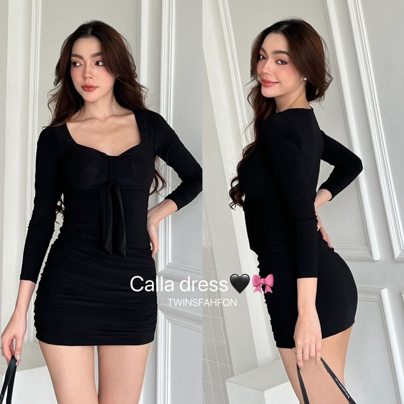 Calla Dress เดรสแขนยาวดีเทลเป็นโบว์ตรงกลางเพิ่มความน่ารัก สามารถมัดจัดทรงได้เอง เก็บกระชับตามสัดส่วน