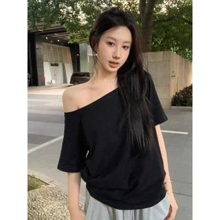 bentoy(Q651)เสื้อยืดแขนสั้น คอกว้าง ปาดไหล่ได้ สีพื้น ผ้านิ่มใส่สบาย สายเกาหลี