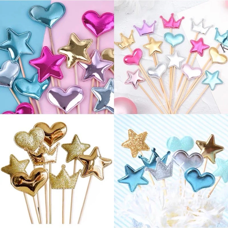 พร้อมส่งในไทย🚙🇹🇭 ป้ายปักเค้ก ตกแต่งเค้ก ป้ายปักคัพเค้ก รูปดาว หัวใจ มงกุฏ