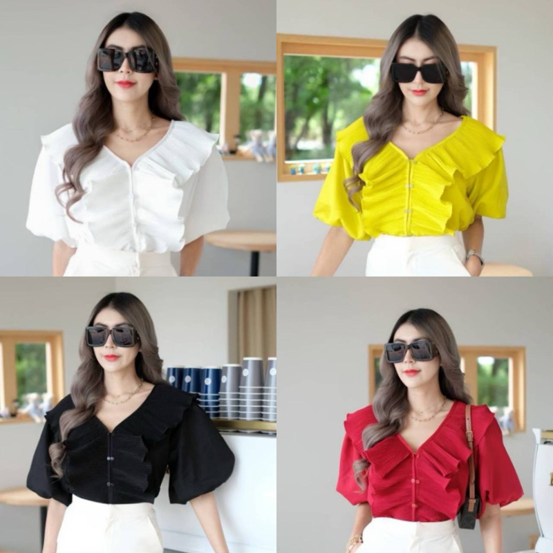 Np2 Shop พร้อมส่งงงง.  เสื้อ แขนบอลลูน อัดพลีสระบายหน้าอก ช่วงเอวปรับรูดได้ตามใจชอบเลยค้ะ
