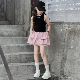 Babyonline(Y527)L2 (ส่งด่วน1วัน)กระโปรงกางเกงแฟชั่นจีบ2ชั้นพลีสแต่งลูกไม้สําหรับเด็กผู้หญิง มีซับใน