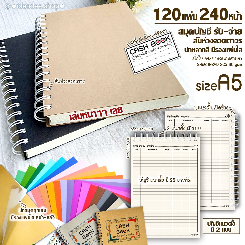 💥NEW🔢A5(เล่มเล็ก)สมุดบัญชี 120แผ่น รับ-จ่าย🔺แนวตั้ง 2 แบบ ⭕สันลวดโลหะถาวร🌈ปกหลากสี+มีรองแผ่นใส  บัญชี ร้าน บ้าน &ส่วนตัว