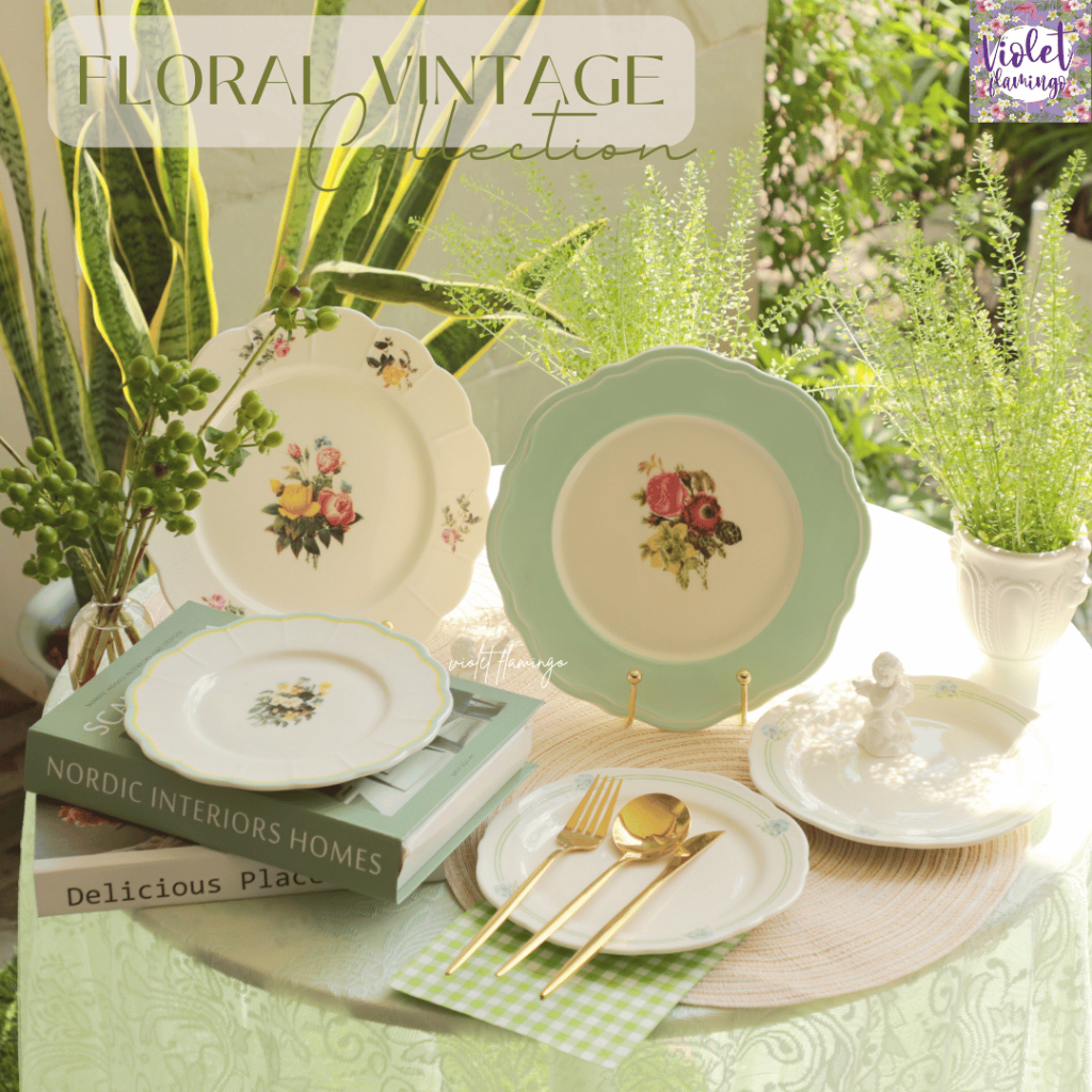Violet Flamingo จานเซรามิครุ่น Floral Vintage จานลายดอกไม้สไตล์วินเทจ เข้าไมโครเวฟได้