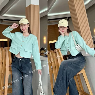 New‼️เสื้อสูทผู้หญิง Blazer crop สูทครอป งาน Premium กระดุมหน้า แต่งกระเป๋าแปะ เนื้อผ้าลายทวิต (มีฟองน้ำเสริมบ่า)