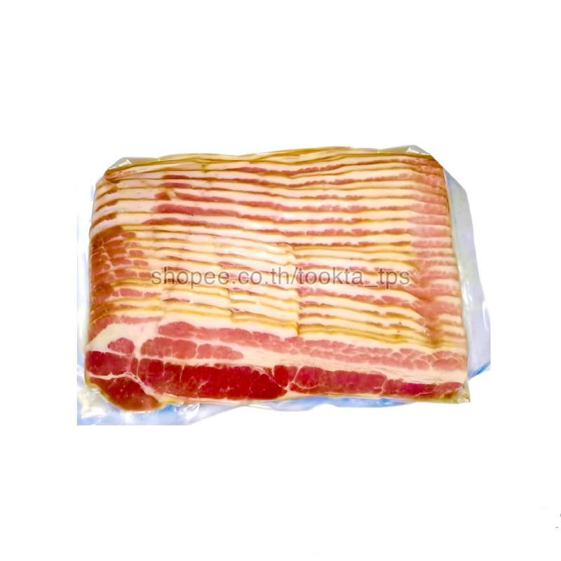เบคอนรมควันแท้ อบในตู้อบ ของแท้แปรรูปจากหมูสามชั้น ขอบสีน้ำตาล 1 kg. Smoked Bacon Sliced