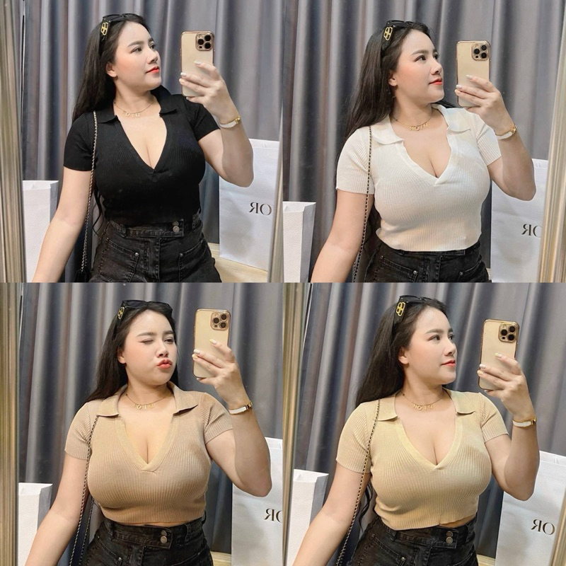 เสื้อครอปไหมพรมคอวี งานรัดรูปเซ็กซี่
