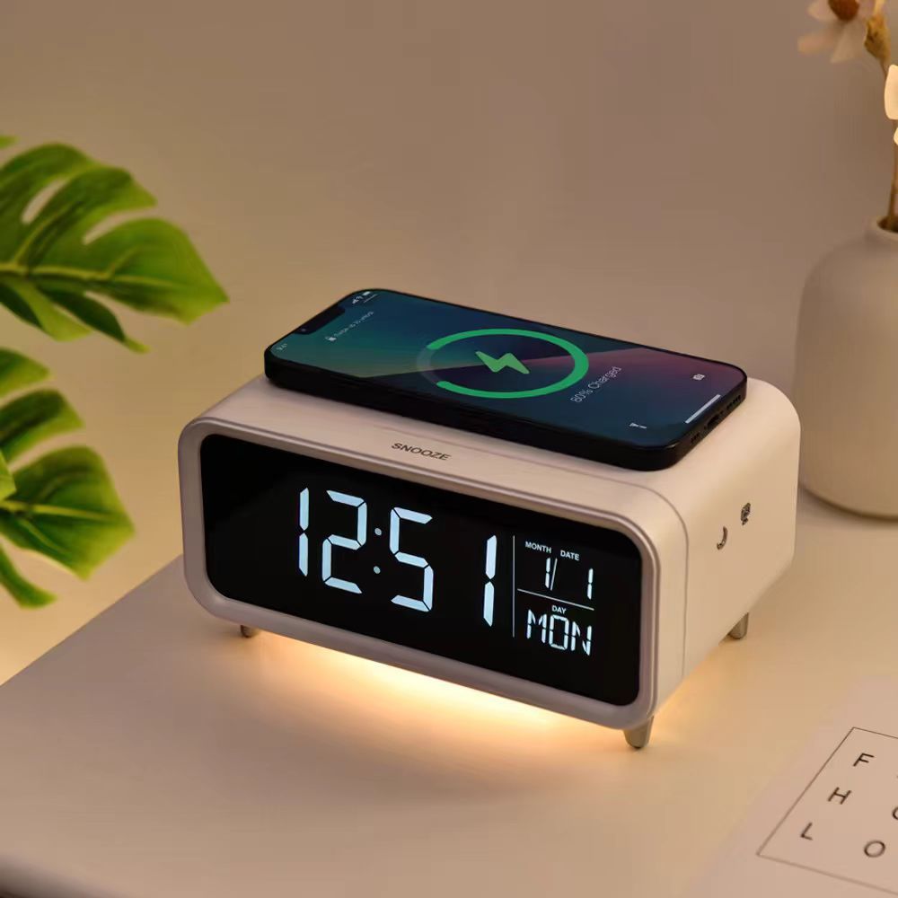 นาฬิกาตั้งโต๊ะ/หัวนอนLED มีwirelessชาร์จในตัว มีไฟled strip light มีอะแดปเตอร์และสายไฟ พร้อมใช้งาน สีขาว/สีดำ ส่งฟรี