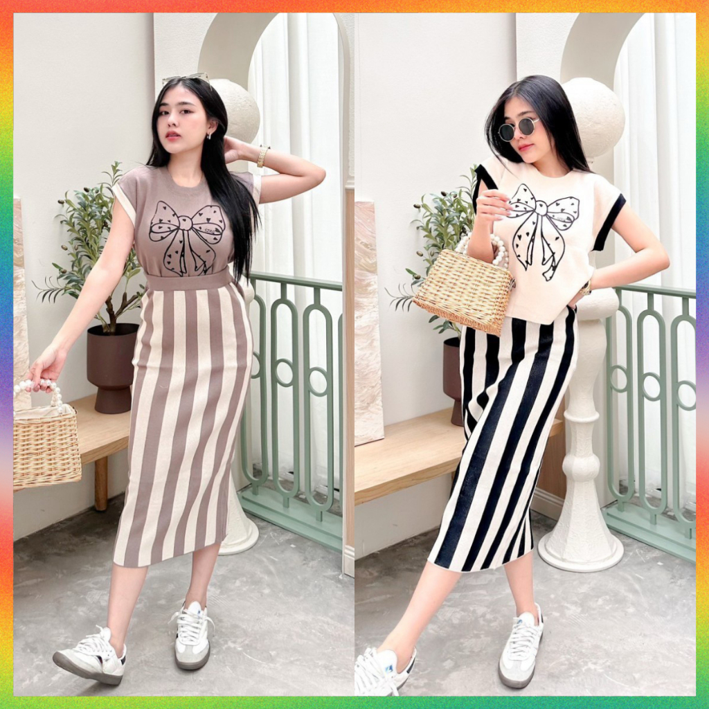 🌈MesubShop🌈เซ็ต2ชิ้น เสื้อคอกลมทรงแขนล้ำทกลายโบว์ + กระโปรงทอลายตรงสลับสี 🌺 สาวอวบใส่ได้ รุ่น ท่องเที่ยว
