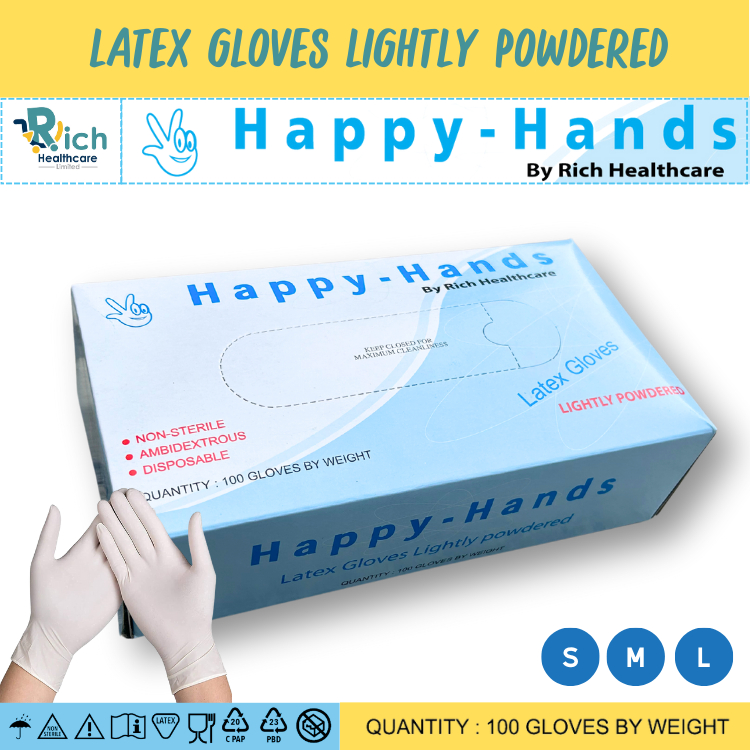 Happy Hands [Lightly Powder] Latex Gloves (กล่องสีฟ้า) ถุงมือยาง ธรรมชาติ แบบมีแป้งน้อย [1กล่อง/100ชิ้น]