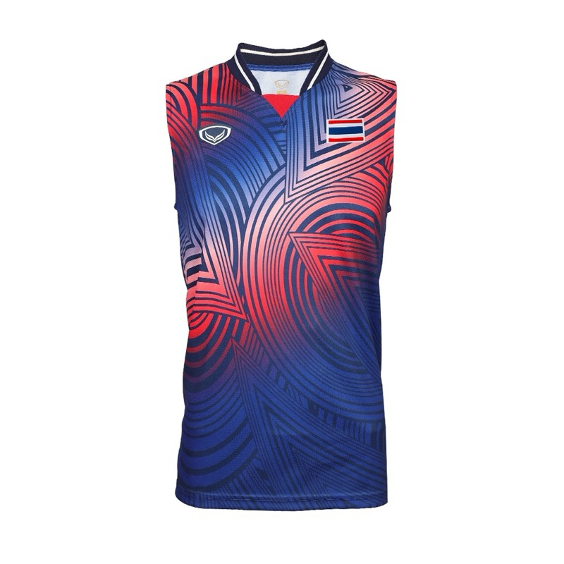 รหัส 072087 เสื้อแข่งขันแบดมินตันชายคอวีแขนกุดแกรนด์สปอร์ต โอลิมปิก 2024 สีกรม,สีแดง