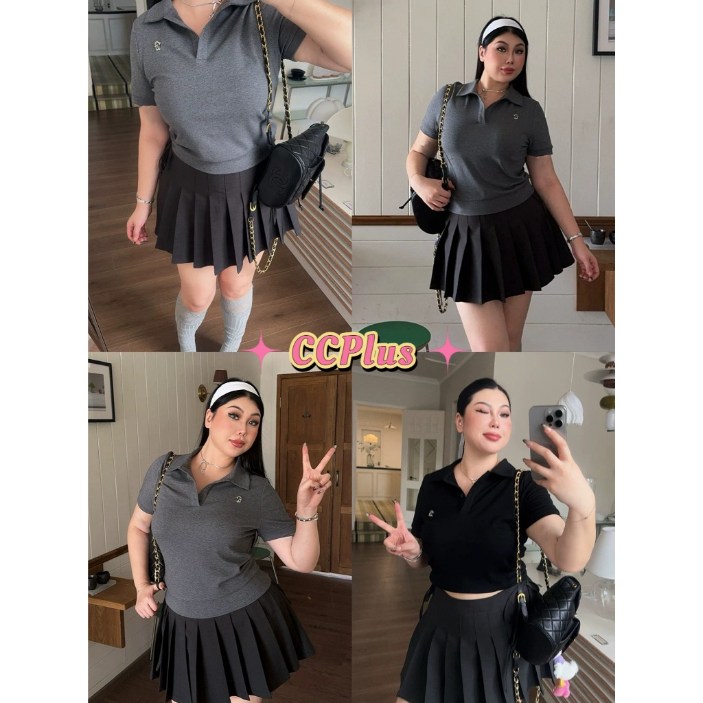 CiCi Plus+(J1363) เสื้อโปโลแขนสั้นกระดุมสามารถใช้งานได้จริง detail อะไหล่เงินด้านซ้ายเหมาะสำหรับ สาวพลัสไซส์เกาหลี