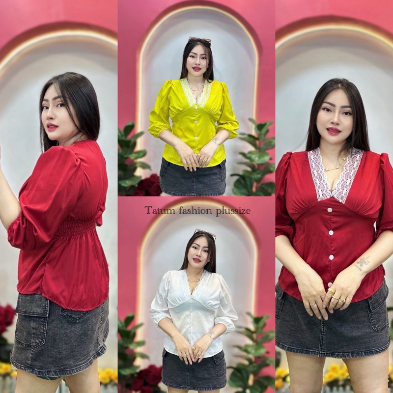 TATUMเสื้อผ้าแฟชั่นสาวอวบ คอวีคาดลูกไม้อก38-44ยาว23