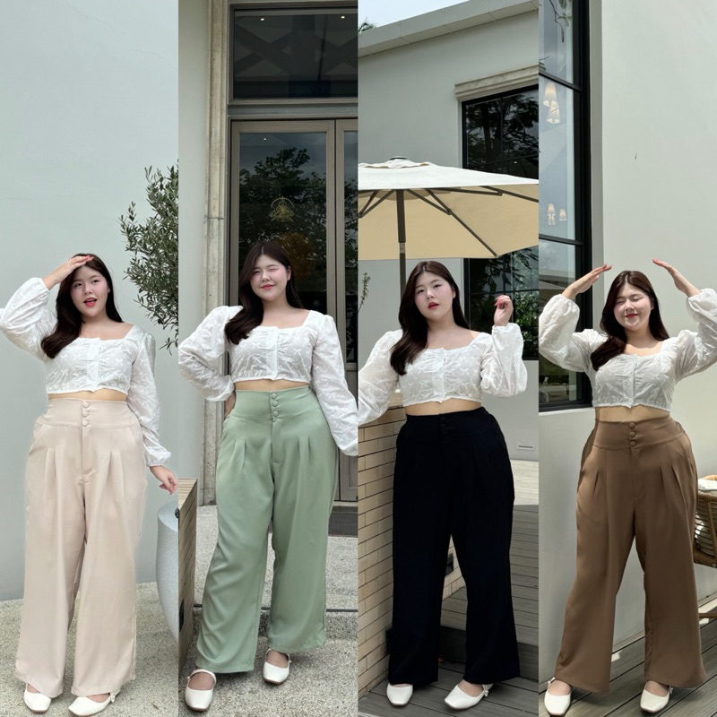 กางเกงขายาว ปั้มกระดุม 3 เม็ด เอวสูง ผ้าดี สีสันสดใส ใส่แล้วดูสูงผอม ไซส์ใหญ่ เสื้อผ้าสาวอวบอ้วน พลัสไซส์