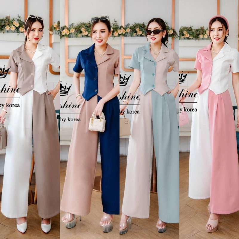 ชุดเซตกางเกงขายาว สีทูโทน ผ้าหนักๆ งานป้าย lady sunshine