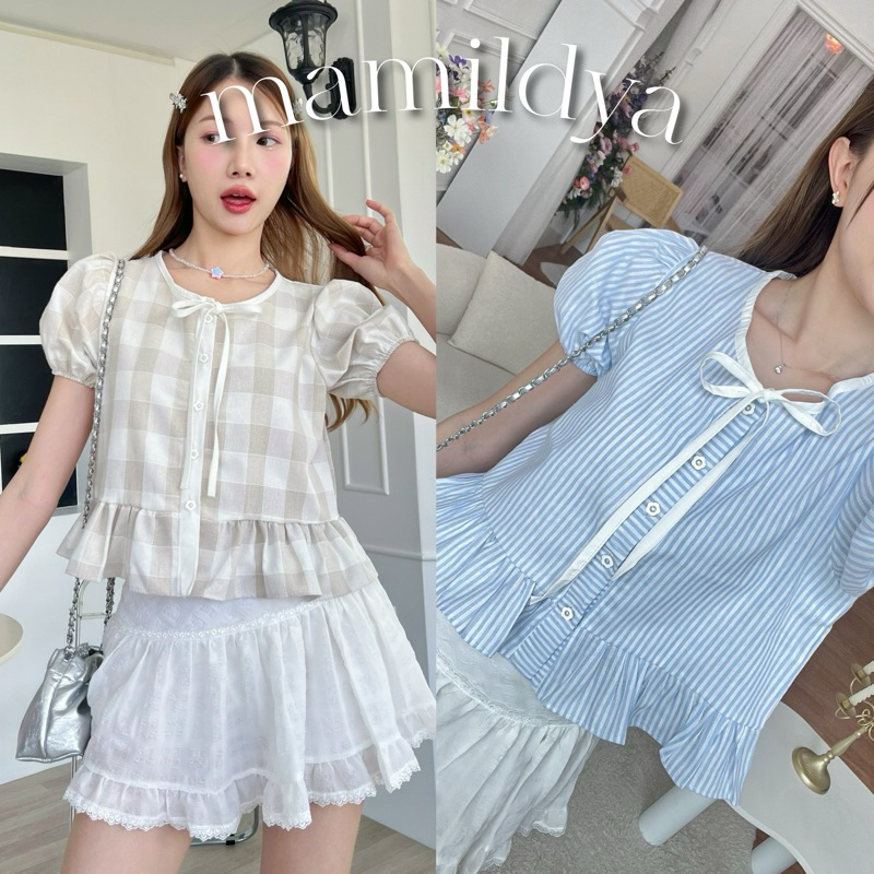 อกมีซับใน Mamildya.shop เสื้อกระดุมหน้า แต่งกุ้นโบว์ขาว กระดุมหน้าใช้งานได้จริง/ S1-3/TOT-สก๊อต4