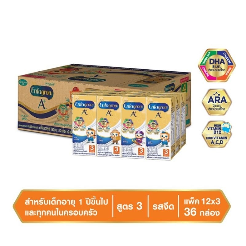 นมเอนฟาโกร เอพลัส สูตร 3 ยกลัง 36 กล่อง รสจืดและวานิลลา 180 มล.