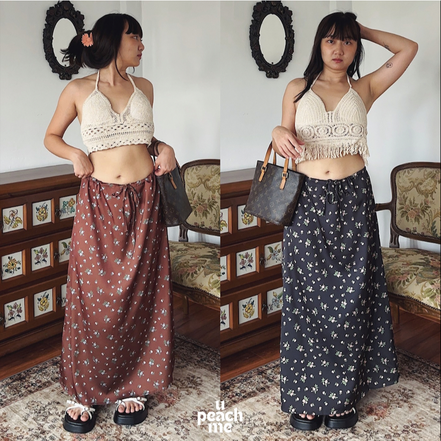 FLOWER SATIN SKIRT (เอว-39") กระโปรงยาวผ้าซาตินพิมพ์ลายดอกไม้ เอวผูกตามสัดส่วนได้เลยไม่ใช่ยางยืดนะคะ กระโปรงซาตินไปทะเล