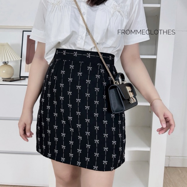 กระโปรงทรงเอผ้าซากุระพิมลายโบว์ริ้วXS-5XL