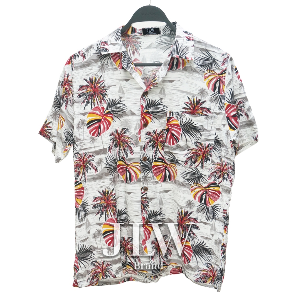 เสื้อฮาวาย ลายทะเลใบบอน เทา ผ้านิ่ม M L XL Oversize คอฮาวาย JLW BRAND