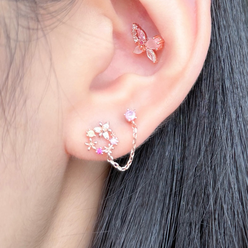 จิวต่างหูเกาหลี More Than Piercing: C020 Blossom Double Chain