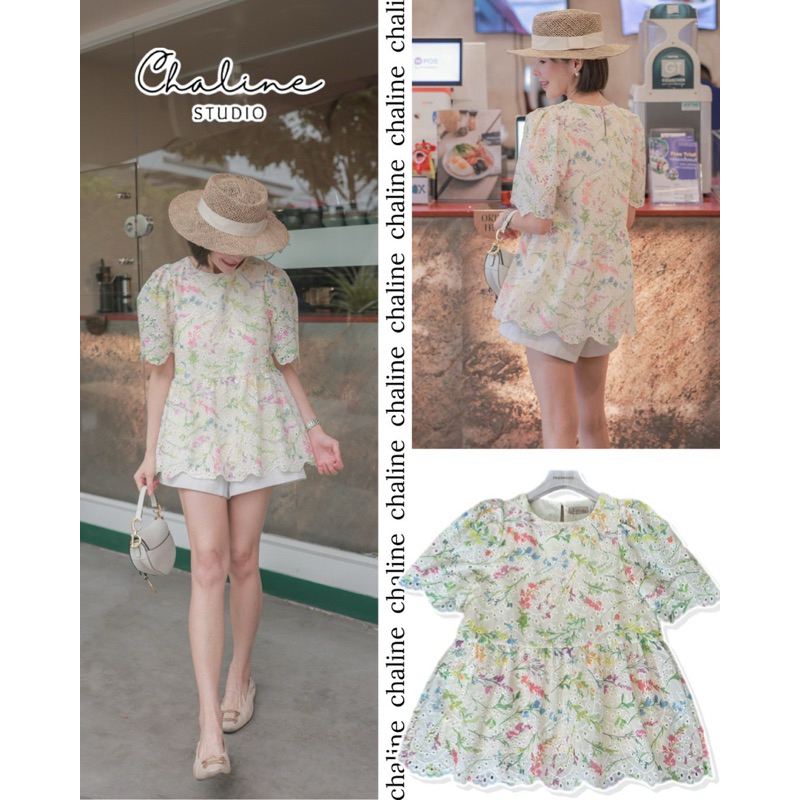 Chaline studio เสื้อลูกไม้เนื้อดี ผ้าฉลุพิมพ์ลายสวยงามทั้งตัว ชายแขนชายเสื้อหยักโค้งตามเชิงลูกไม้