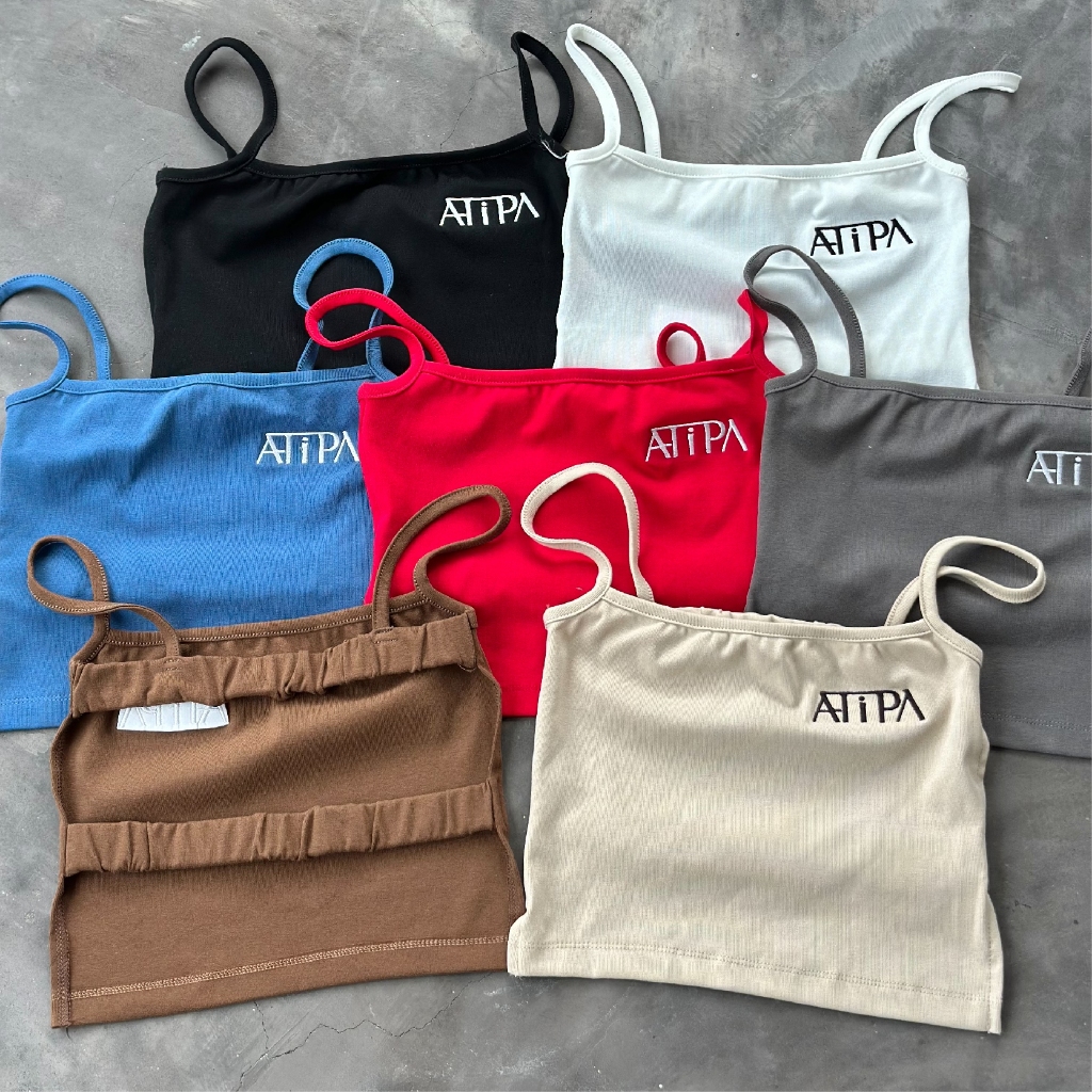 Atipashop - GENE CROP เสื้อสายเดี่ยว ครอป เว้าหลัง ปักโลโก้ มีหลายสีให้เลือก