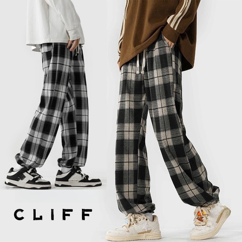 CLIFF กางเกงขายาวผู้ชาย ลำลอง ลายสก๊อต ทรงตรง จี้ แบบหลวม เอวสูง ชุดคู่รัก