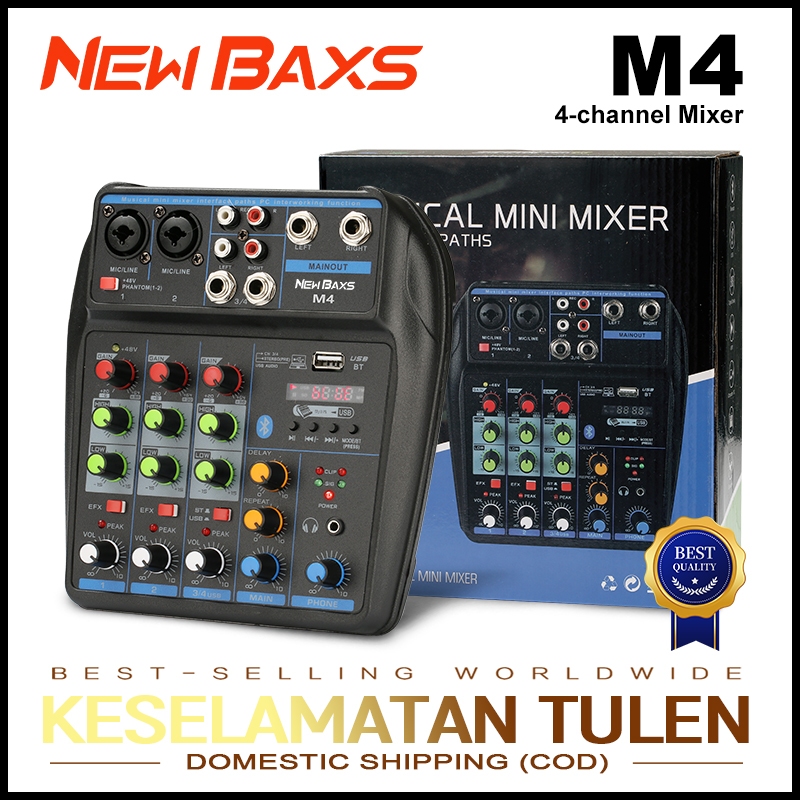 NEW BAXS คอนโซลเสียง M4 เครื่องผสมเสียง มิกเซอร์ 4 ช่อง MP3 บลูทูธ/USB/48V โฮมฟิลด์ใช้อุปกรณ์สี Mixer คาราโอเกะ / ไลฟ์สด