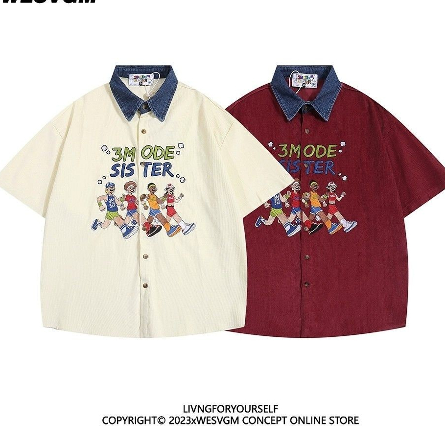 เสื้อเชิ้ต แขนสั้น พิมพ์ลายดอกไม้ โอเวอร์ไซส์ลายปัก ใส่ได้ทั้งหญิงและชาย Size M-XL