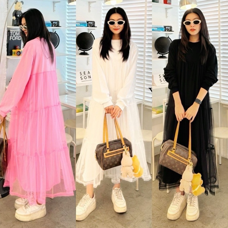 Yunaka เดรสสาวอวบ เดรสยาวคอกลม Korea Style Oversize Dress มุ้งระบายชั้นนอก
