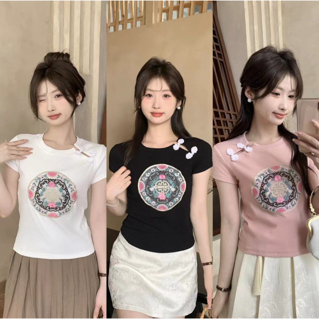 เสื้อผู้หญิงเเบบจีน เสื้อยืด สไตล์จีน ดีเทล แมทช์ง่ายสุดๆ ผ้ายืดได้ #020246
