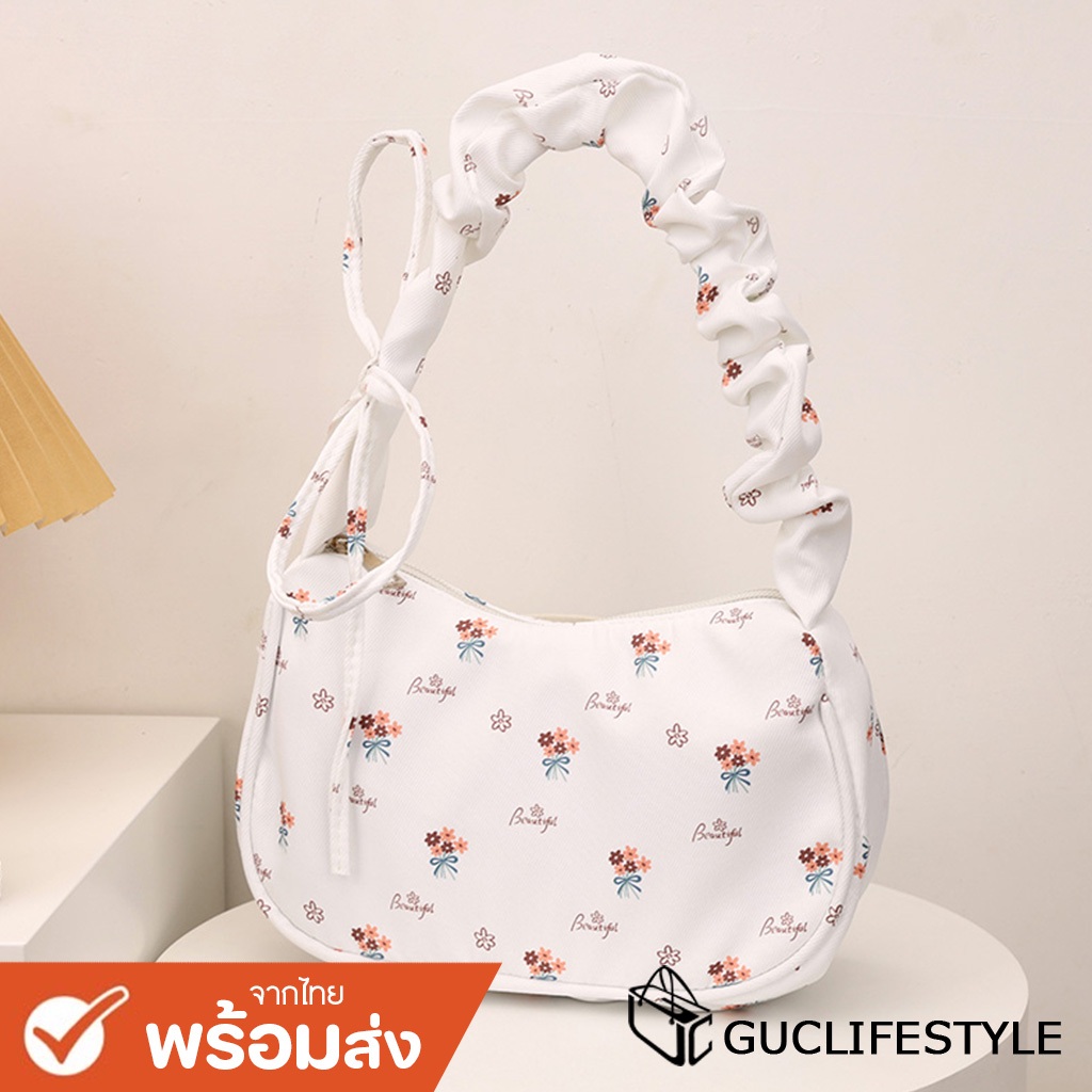 GUCSELECTED(B2219) กระเป๋าถือสะพายไหล่ลายดอกไม้ใบเล็ก ปรับสายย่นน่ารัก