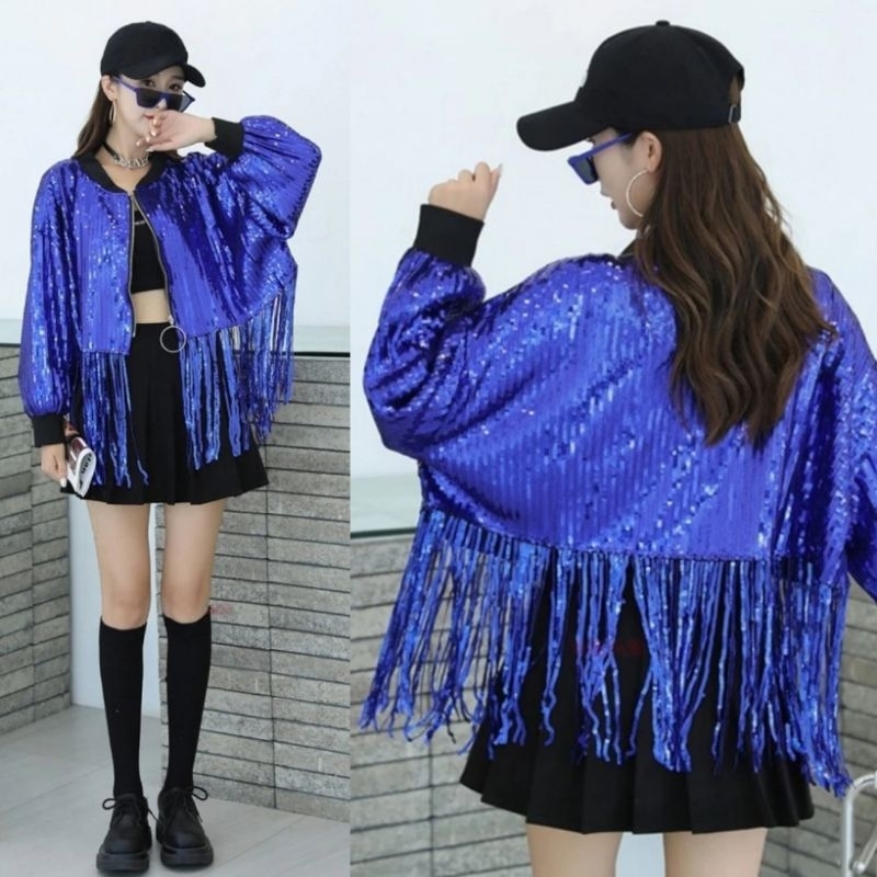 เสื้อเเจ็คเก็ตเลื่อม เสื้อคลุมกลิตเตอร์ติดพู่ฟรุ้งฟริ้งสีน้ำเงิน (สินค้าในไทย )