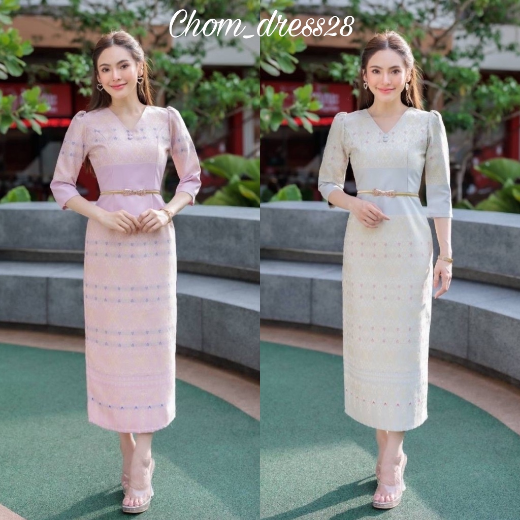 ชุดเดรสผ้าไทย เดรสทรงยาว สวยหรูผู้ดีมากๆNo.669