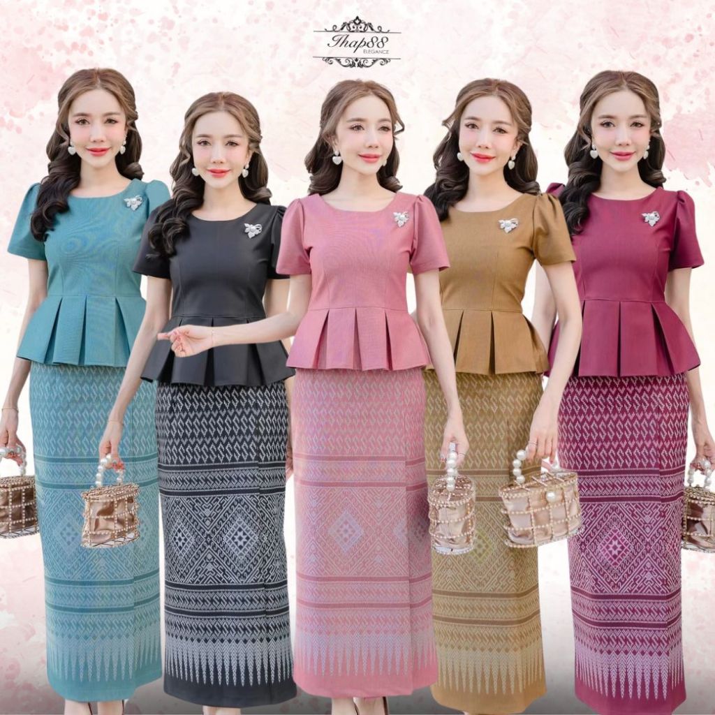 TG11 ชุดเซ็ท 2 ชิ้น (เสื้อ+ผ้าถุง) ผ้าไหมญี่ปุ่น พิมพ์ลายไทย   ขนาด​ S M L XL 2XL