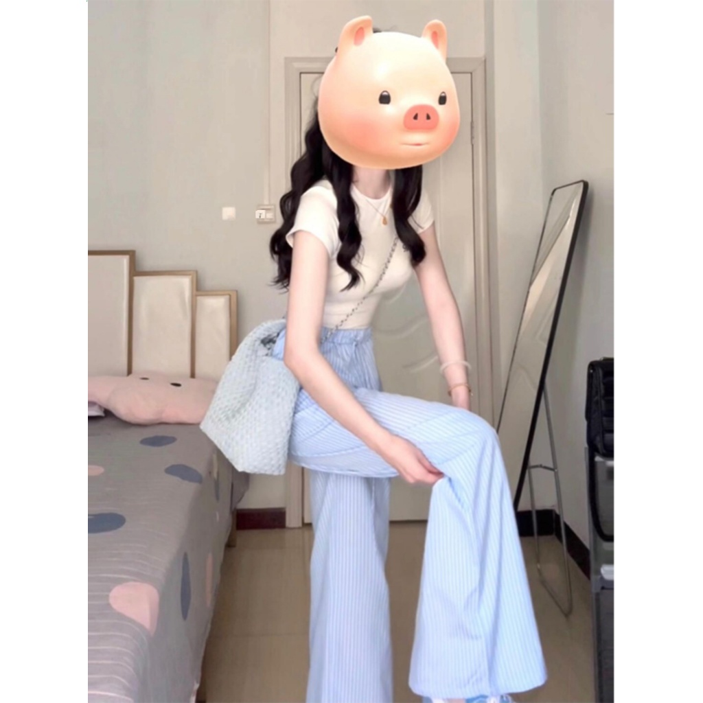 Ice Silk Stripe กางเกงขากว้างผู้หญิงฤดูร้อนกางเกงเย็น 2024 ใหม่บางเอวสูงรู้สึก Slacky Leisure Walking Pants