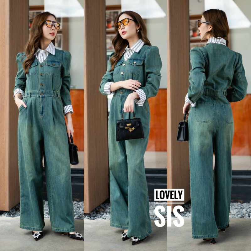 Jeans Patch Stripe Collar Long Sleeve Jumpsuit Long Pant