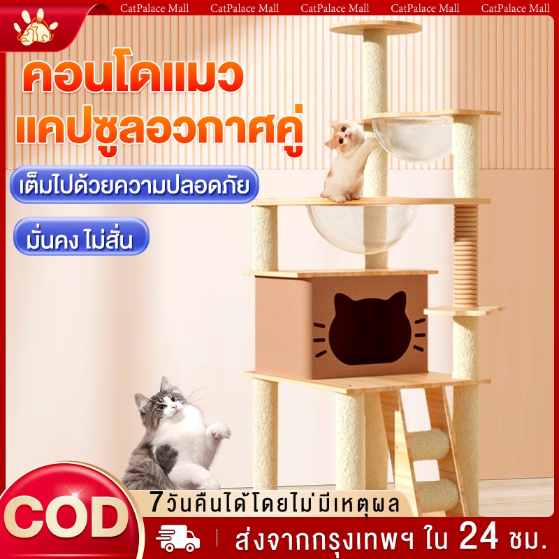 คอนโดแมว คอนโดแมวไม้ ที่ลับเล็บแมว ของเล่นแมว พร้อมโดมนอนแบบใส เหมาะสำหรับเลี้ยงน้องแมว 1-4ตัว
