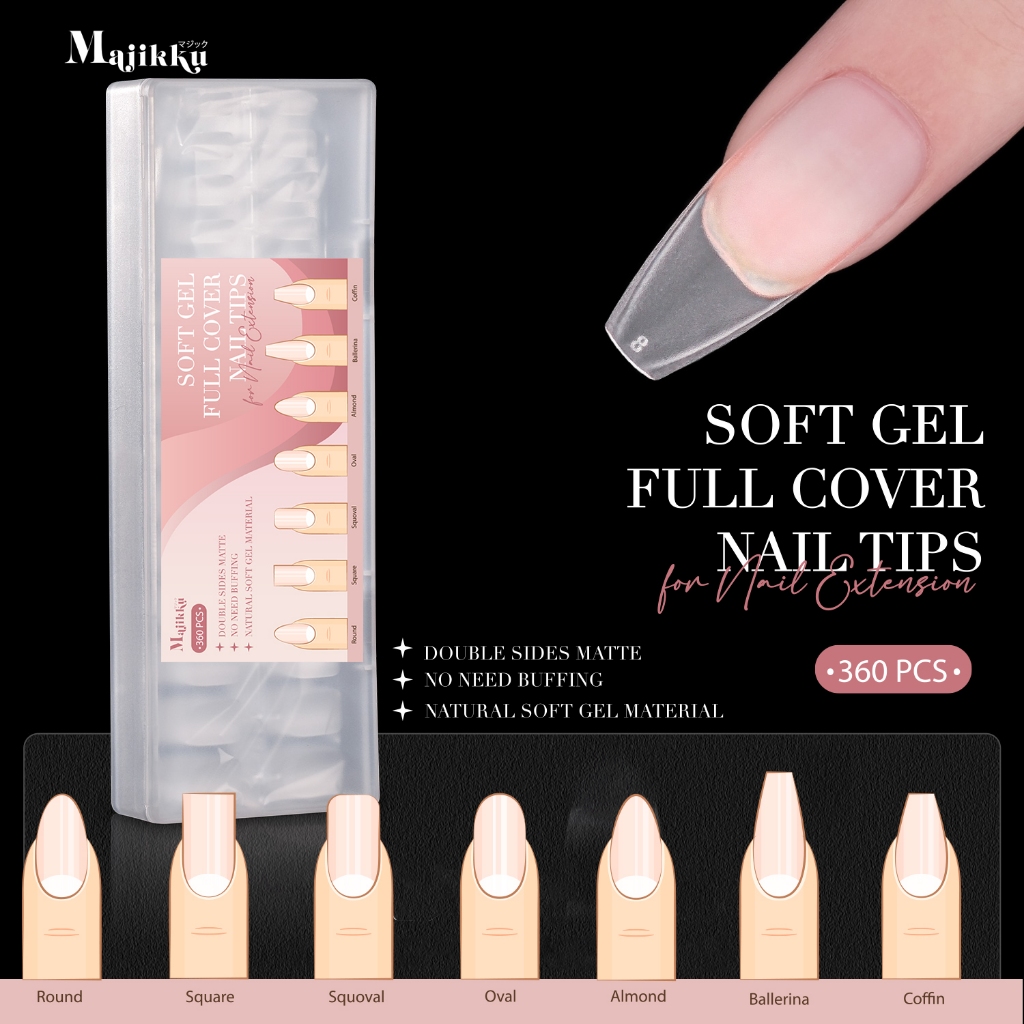 Majikku เล็บปลอม แบบขุ่นทั้ง2ด้าน 360ชิ้น SOFT PVC FULL COVER บางเบา ยืดหยุ่น ไม่ทำให้ปลายงุ้มจิกพื้น