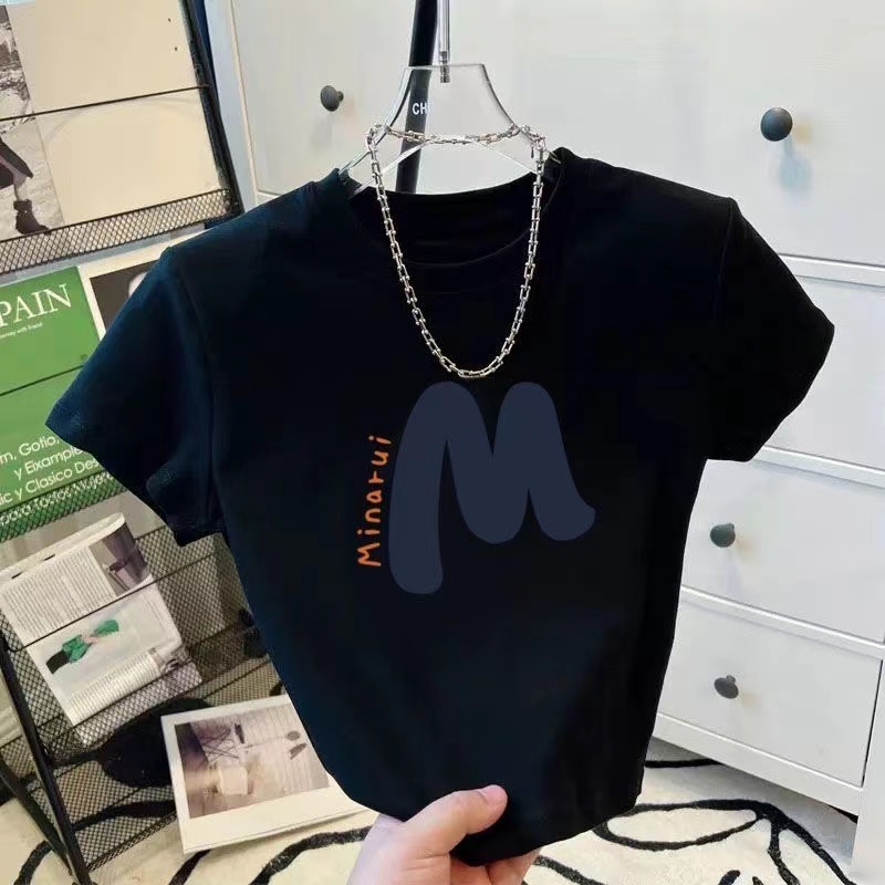 เสื้อยืด พิมพ์ ตัวอักษร สไตล์ เทรนด์สตรีท ยุโรป และอเมริกา คอกลม แขนสั้น สำหรับผู้หญิง เอวสูง เสื้อยืดผู้หญิง