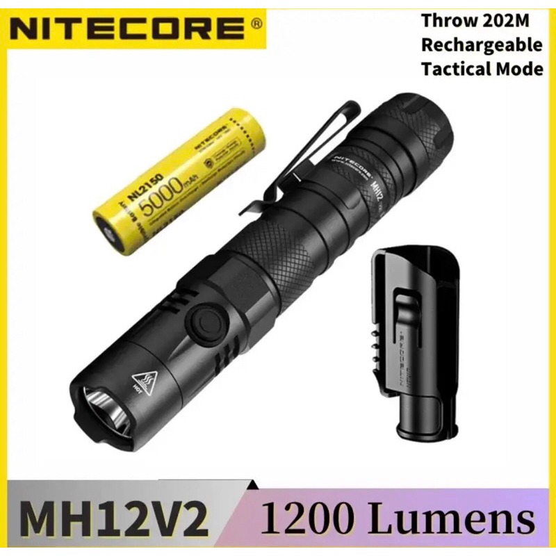 Nitecore MH12 V2 ไฟฉาย LED USB-C แบบชาร์จไฟได้ ความสว่าง1200ลูเมน XP-L2มีแบตเตอรี่ NL2150 5000mAh สำหรับค้นหากลางแจ้ง