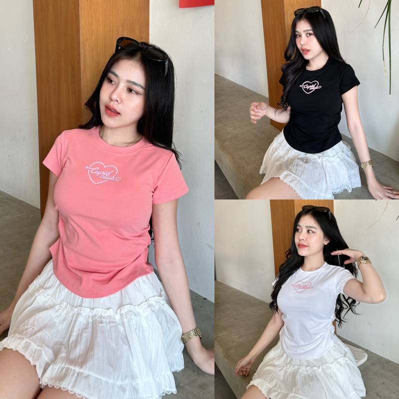 เสื้อยืดผ้ายูนิ ใส่แล้วพรางหุ่น สกรีนหัวใจน่าร้าก 🍒 ทรงสวย แต่งย่นข้าง ผ้ายืดเยอะมากใส่สบาย รุ่น จั๊มเอวCupidclub