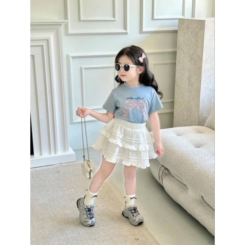 พร้อมส่ง ชุดเซตลูกสาว เสื้อยืดลายโบว์+กระโปรงแต่งระบายน่ารักมากคุณหนูสุดๆ
