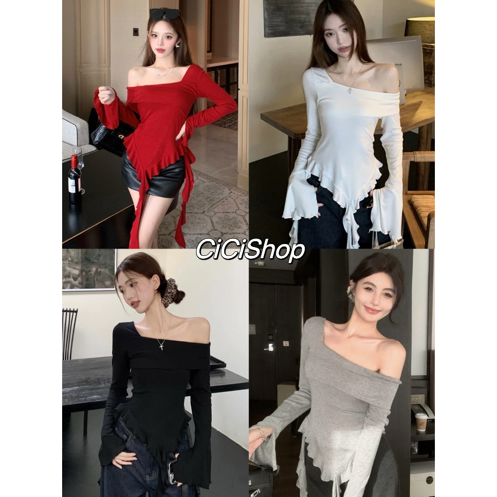 Cicishop (1337) เสื้อปาดไหล่เฉียง1 ข้าง ผ้าเรายอน แขนแต่งระบาย ชายเสื้องานระบายยาว สไตล์พสจีนเท่ปนเซ็กซี่
