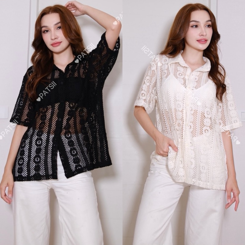 CROCHET SHIRT TOP เสื้อเชิ้ตซีทรูผ้าฉลุ หญิงชายใส่ได้ เสื้อเชิ้ตลูกไม้ฉลุ