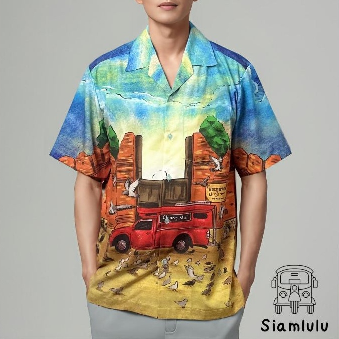 Siamlulu เสื้อฮาวายผู้ชาย ลาย " เชียงใหม่ " สีฟ้า