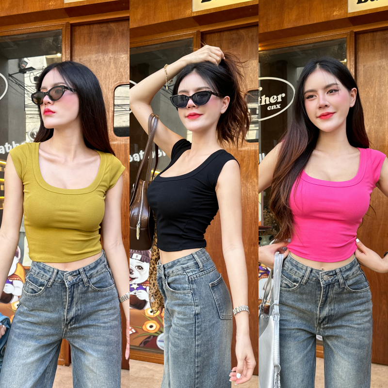 เสื้อครอปแขนเต่อ ผ้ายูนิยืดเยอะ คอเหลี่ยม คอกว้าง ใส่แล้วพรางหุ่น 🌸 พร้อมส่งทุกสี รุ่น น้ำพริก