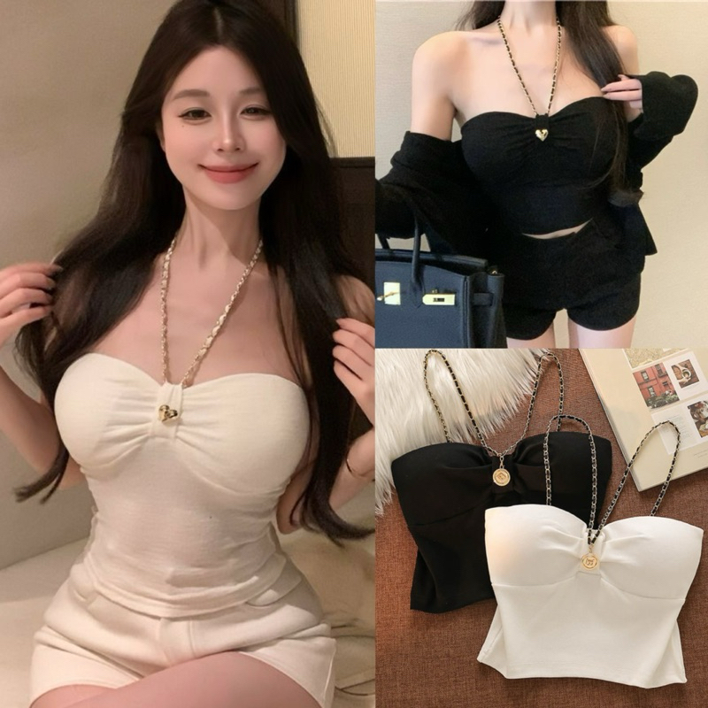 STR พร้อมส่ง🥇เสื้อสายเดี่ยว ผ้าดี คอวี เสื้อคล้องคอเซ็กซี่ผู้หญิง เสื้อครอป ดูแพง ชุดไปทะเล สไตล์เวียดนาม