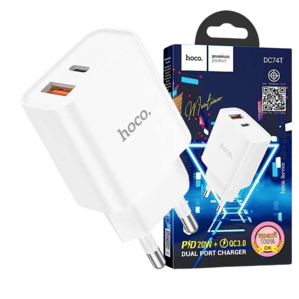 หัวชาร์จ HOCO DC74T หัวชาร์จเร็ว 2 พอร์ต (1C1A) รองรับชาร์จเร็ว PD20W+QC3.0 Fast Charger